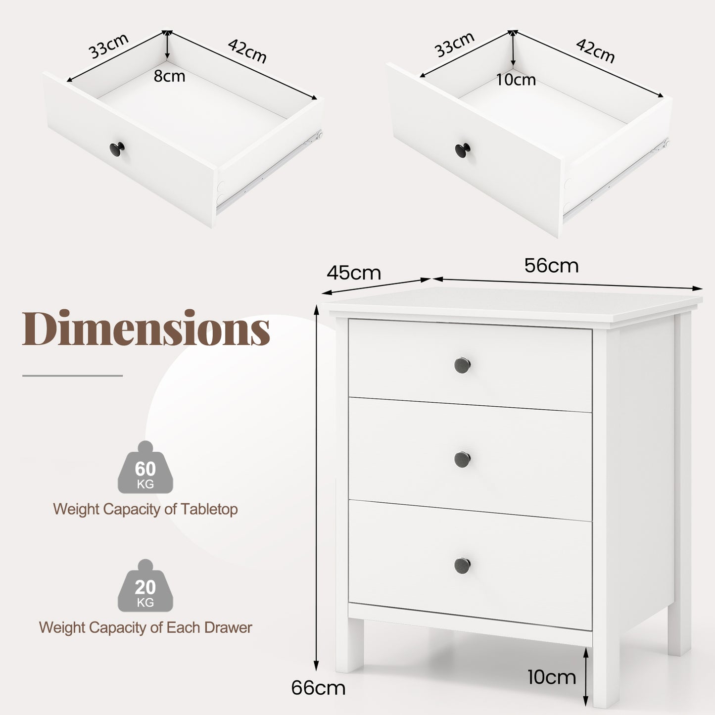 Nightstand with 3 Drawer for Bedroom Compact Storage Chest-White