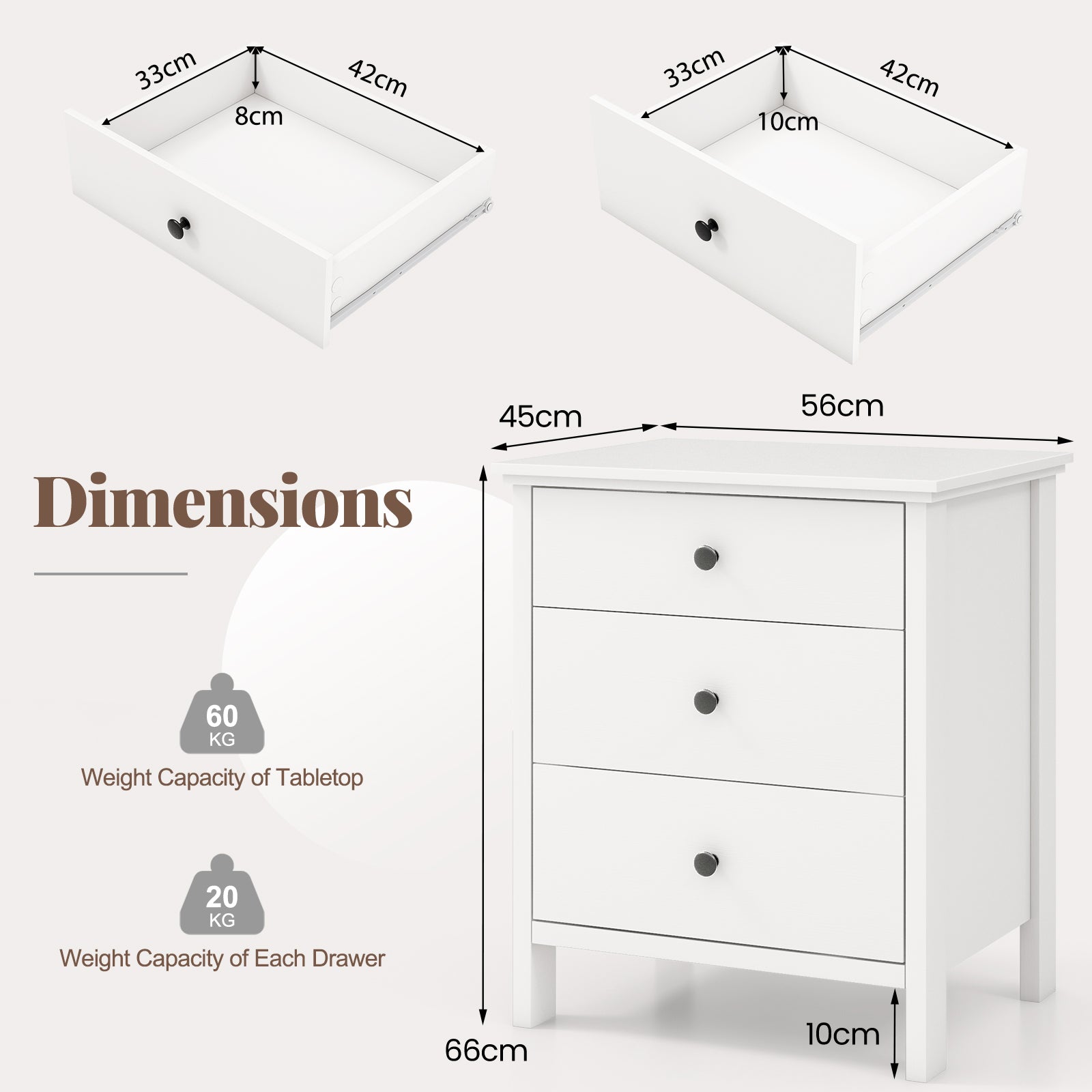 Nightstand with 3 Drawer for Bedroom Compact Storage Chest-White
