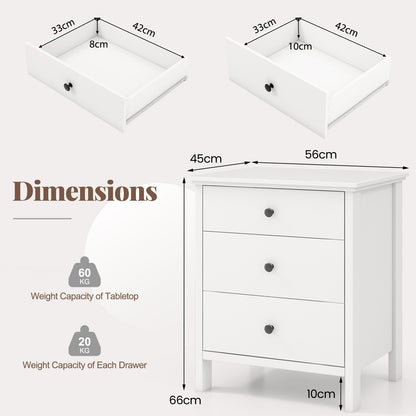 Nightstand with 3 Drawer for Bedroom Compact Storage Chest-White