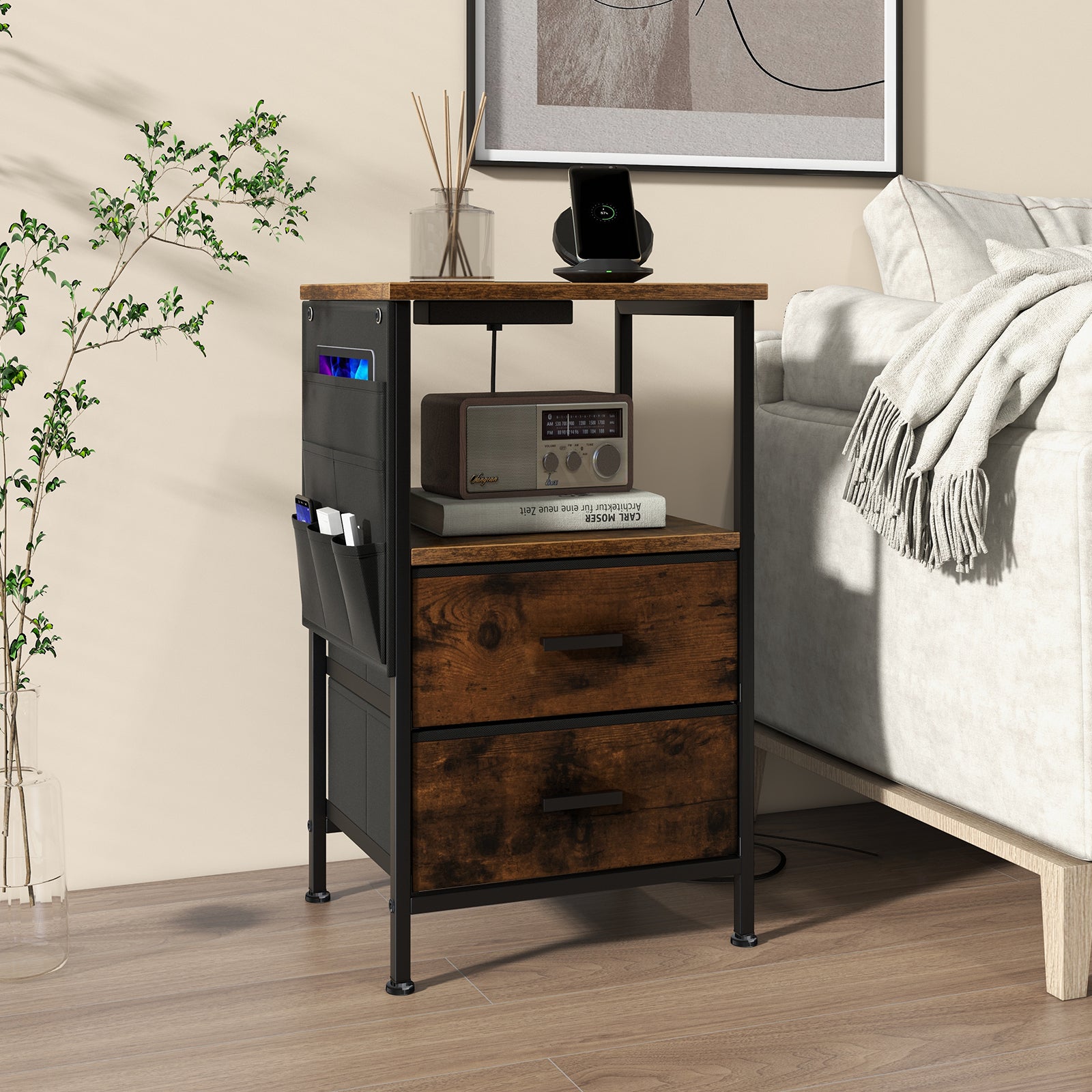 2-Piece Nightstand with Charging Station with USB Ports and Socket Outlets-Rustic Brown