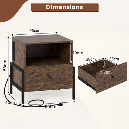 Nightstand with Charging Station 3-Tier Bedside Table with Drawer-Brown