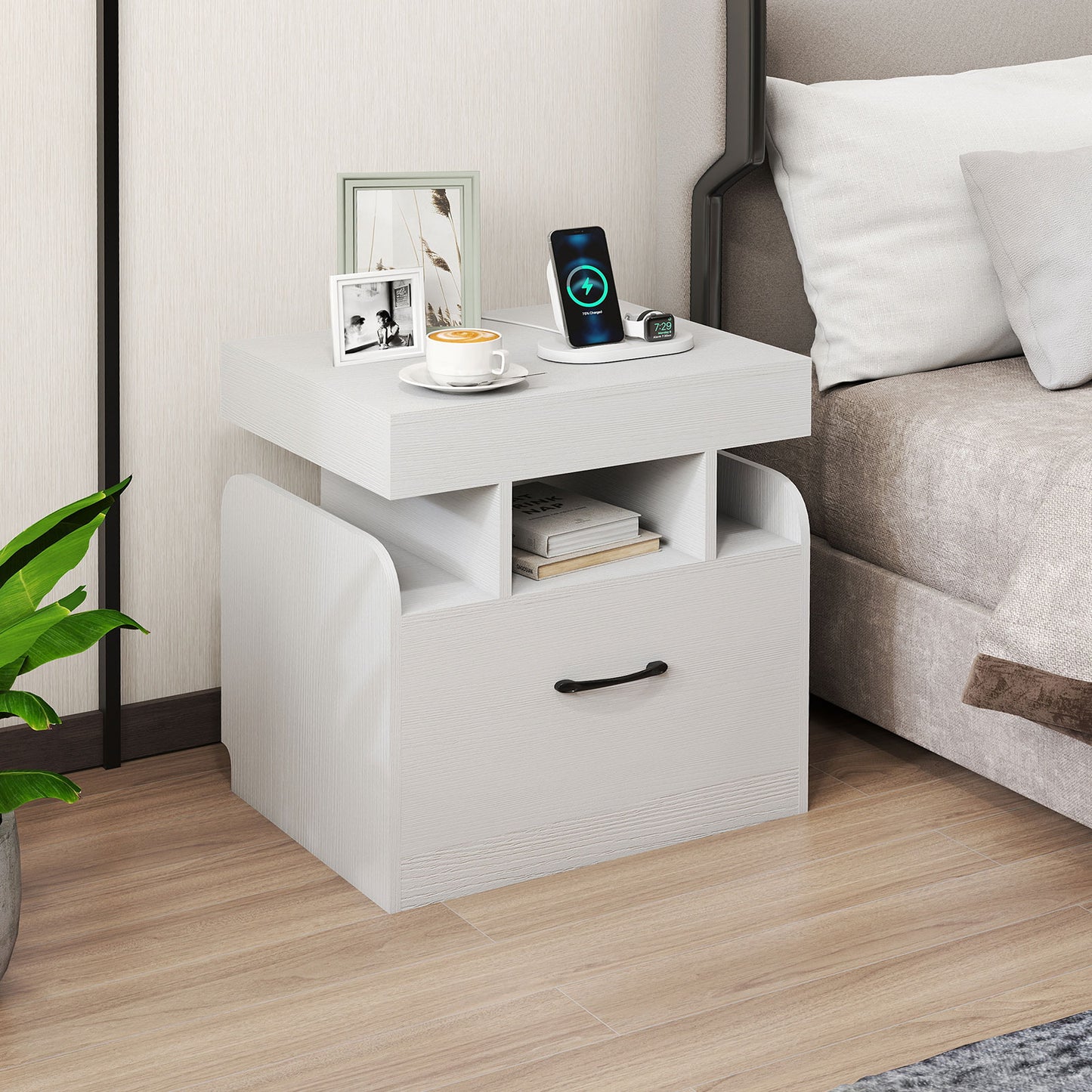 Nightstand with Charging Station with Drawer and Sliding Top Storage-White