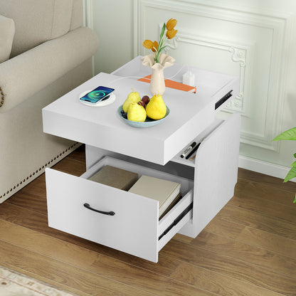 Nightstand with Charging Station with Drawer and Sliding Top Storage-White