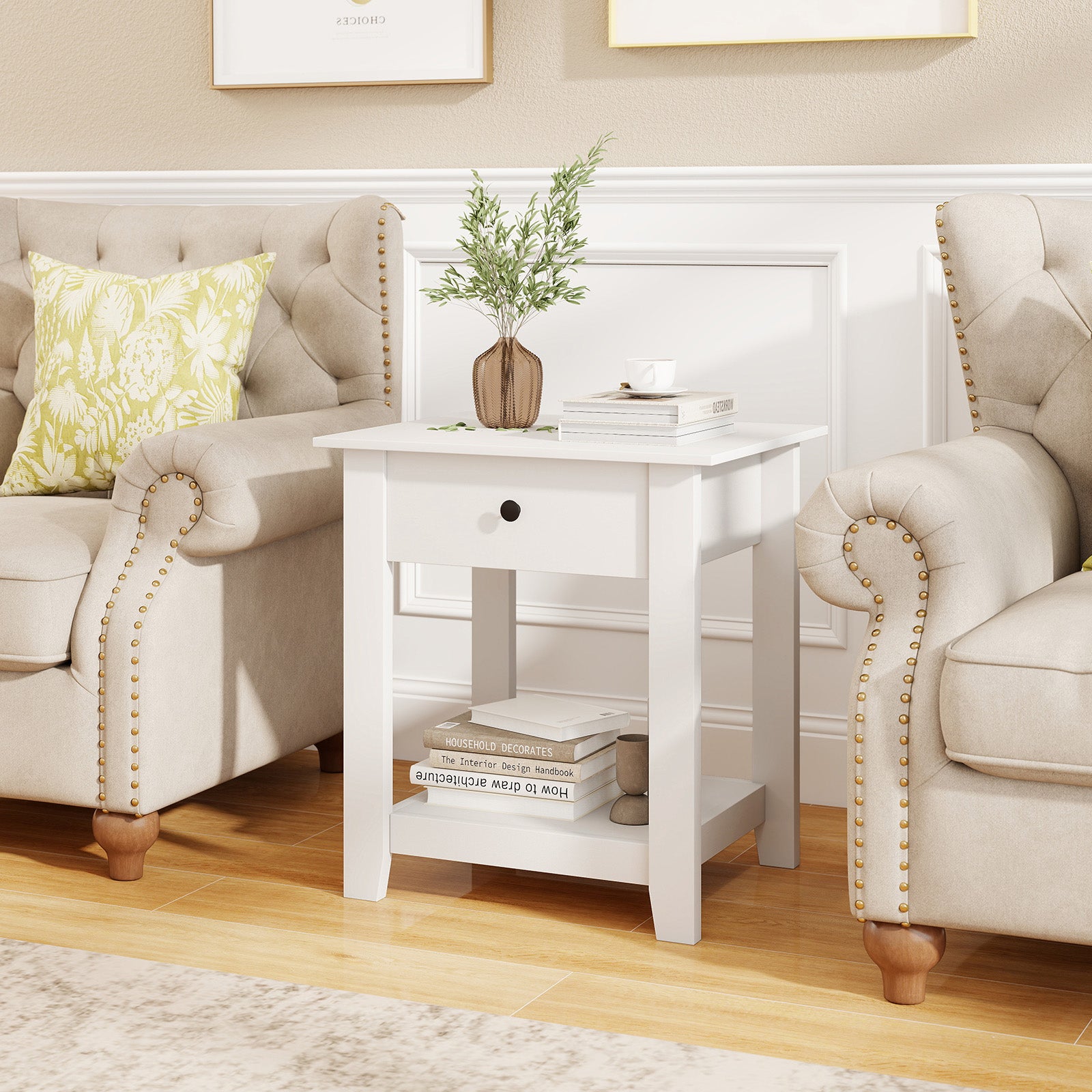Nightstand with Drawer 3-Tier Modern Bedside Table with Open Shelf-White
