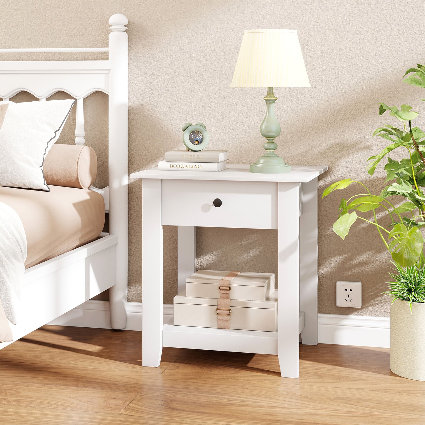 Nightstand with Drawer 3-Tier Modern Bedside Table with Open Shelf-White
