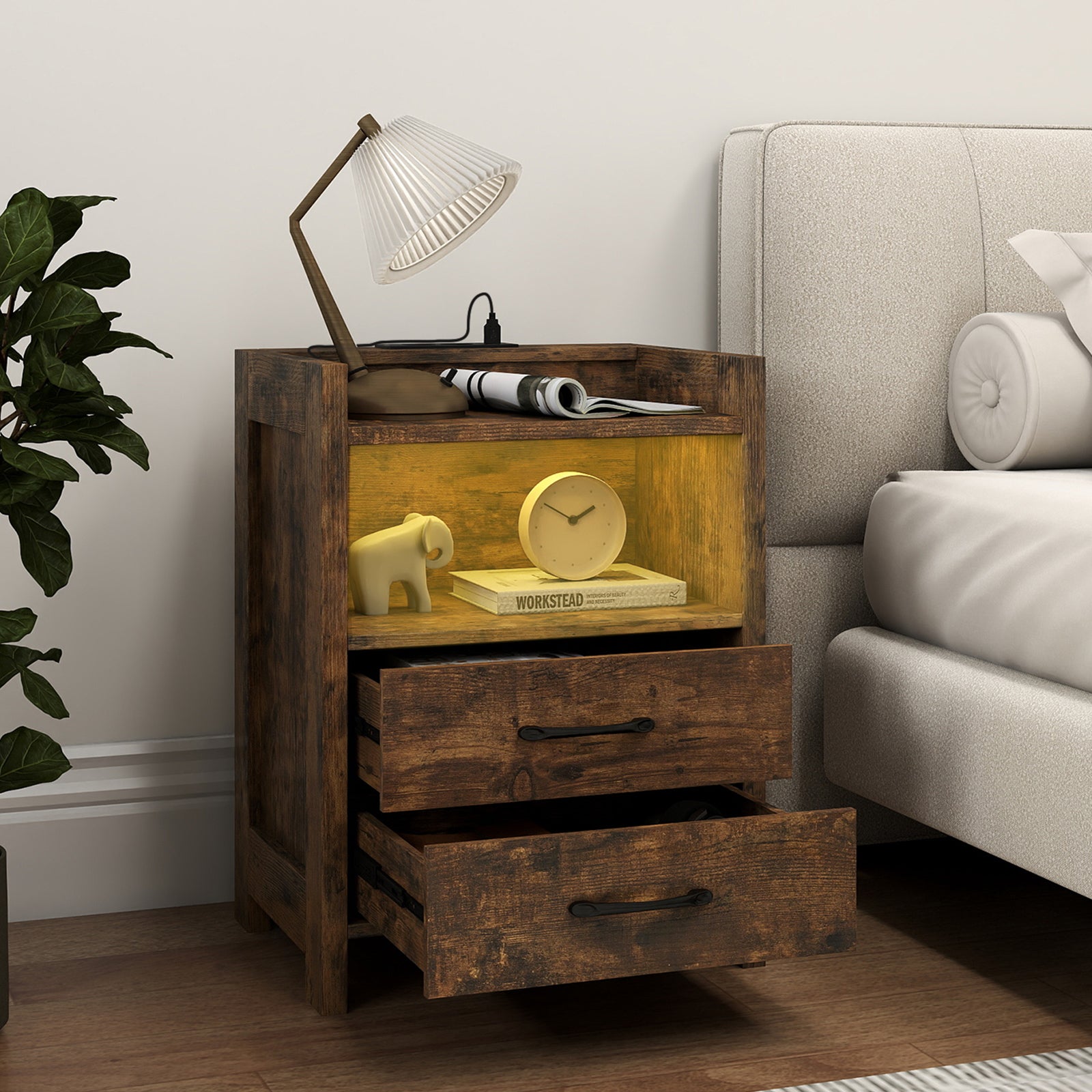 Nightstand with LED Lights and Power Outlets for Living Room-Rustic Brown