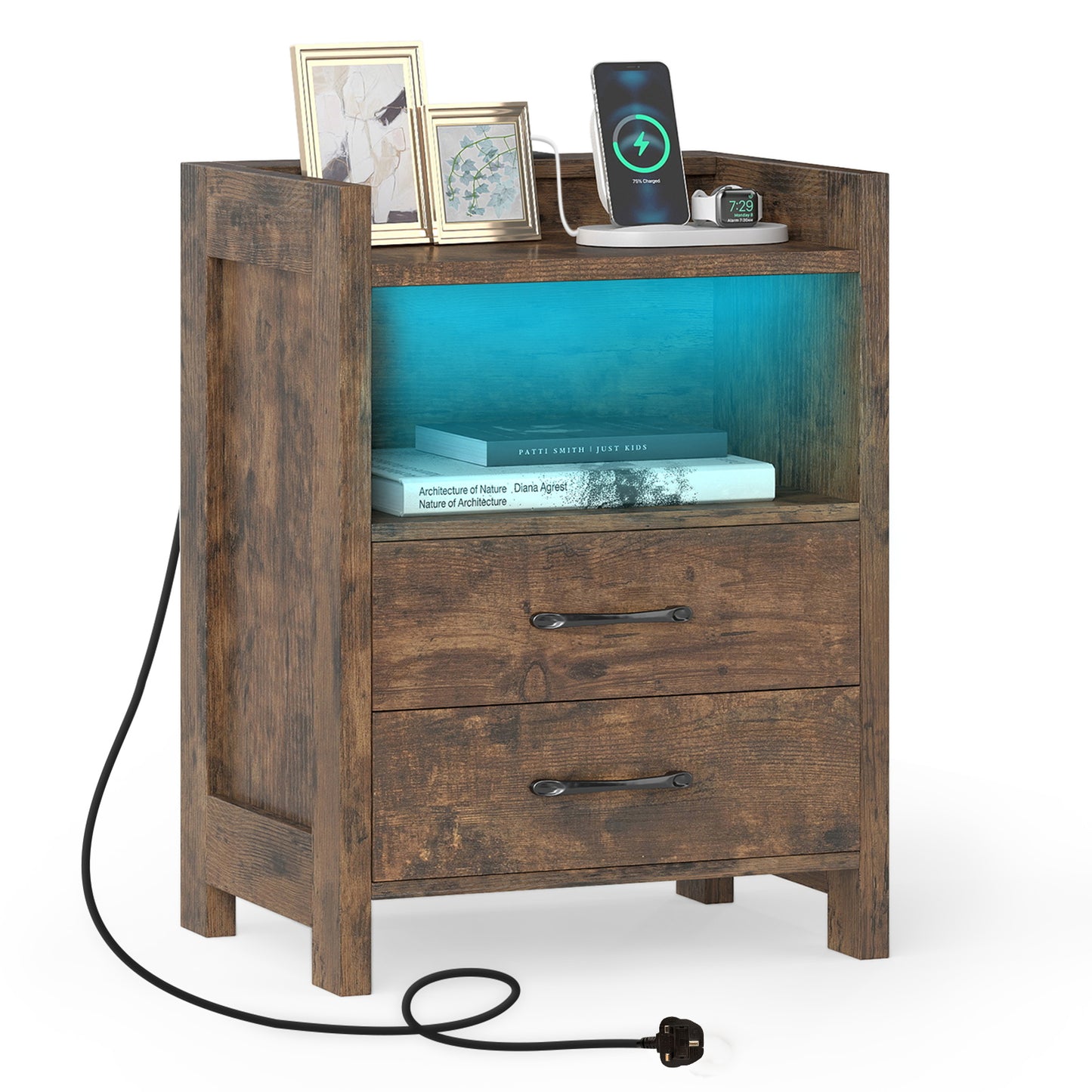 Nightstand with LED Lights and Power Outlets for Living Room-Rustic Brown
