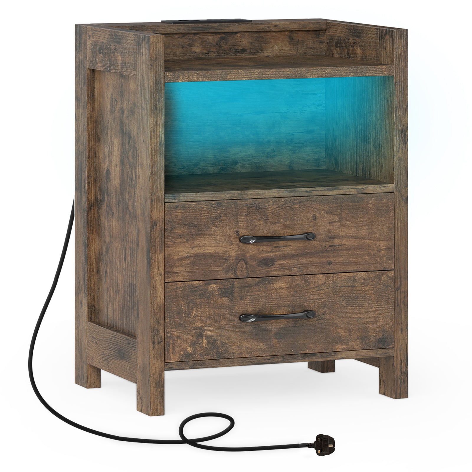 Nightstand with LED Lights and Power Outlets for Living Room-Rustic Brown
