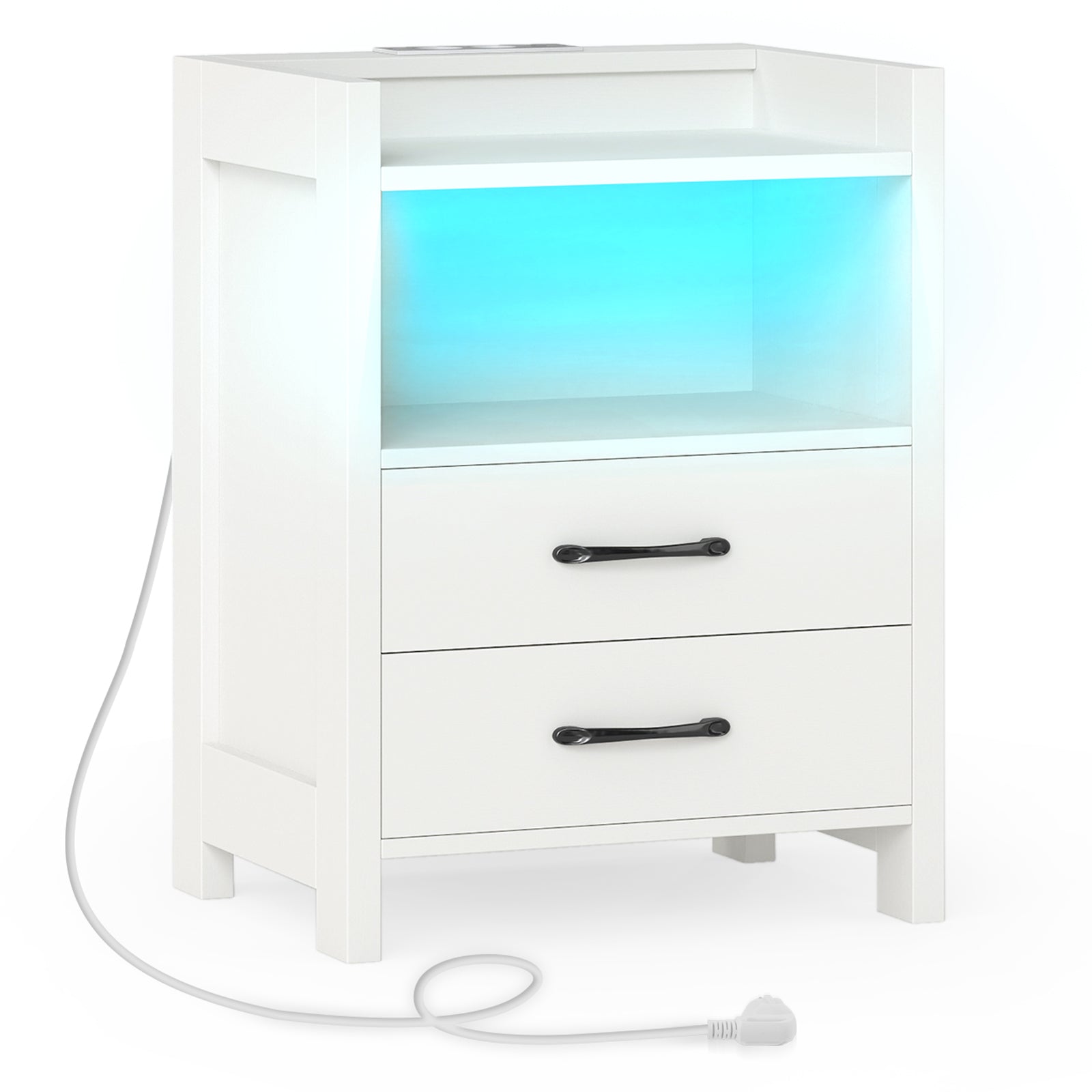 Nightstand with LED Lights and Power Outlets for Living Room-White