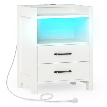 Nightstand with LED Lights and Power Outlets for Living Room-White
