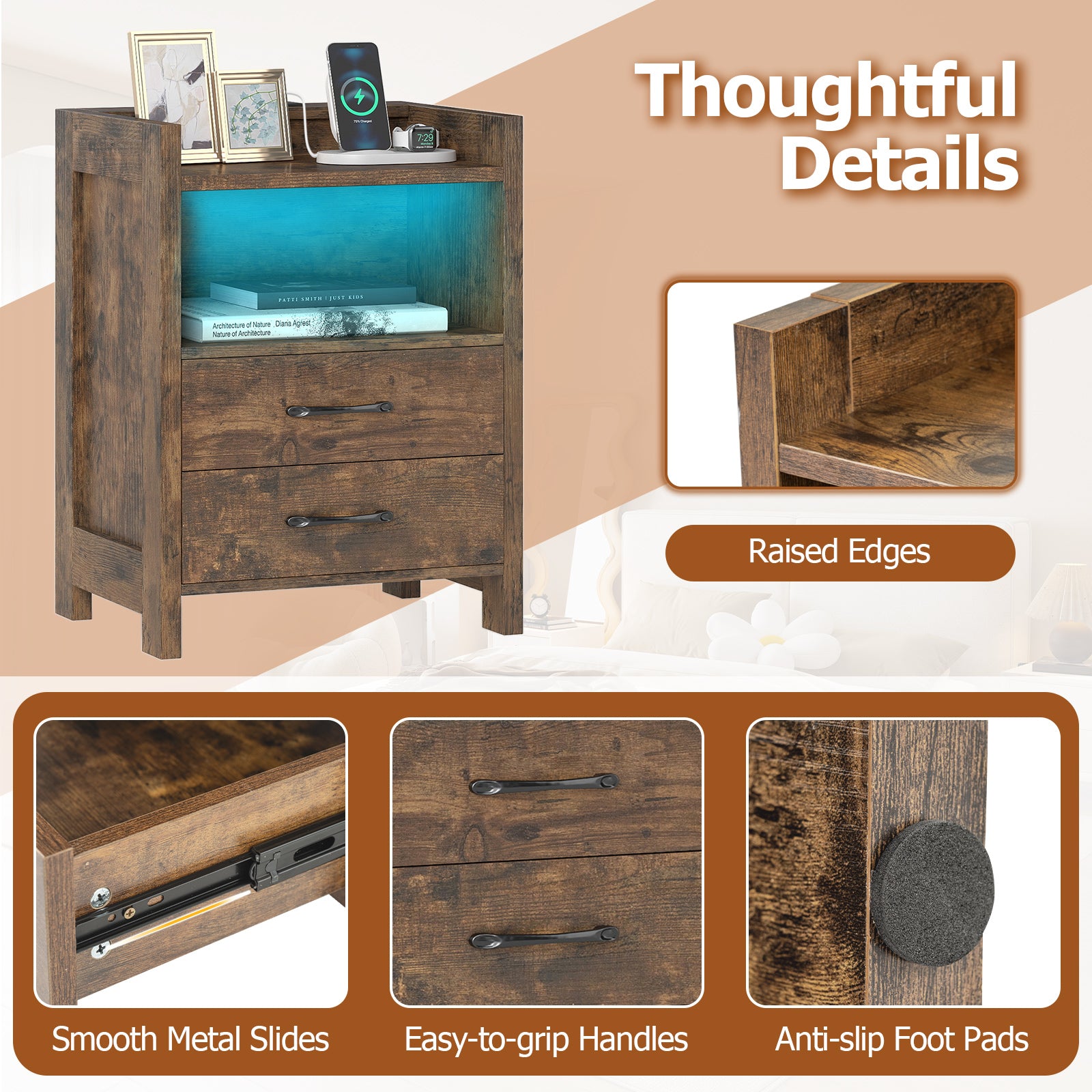 Nightstand with LED Lights and Power Outlets for Living Room-Rustic Brown