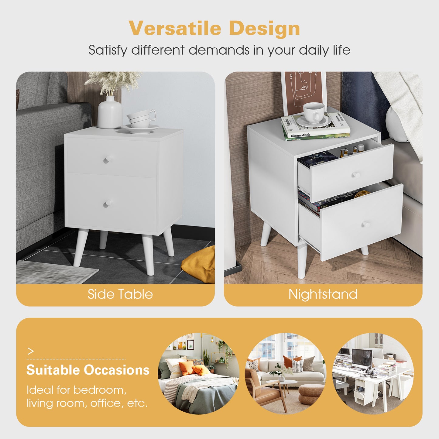 2-Drawer Nightstand with Solid Rubber Wood Legs and Large Storage Space-White