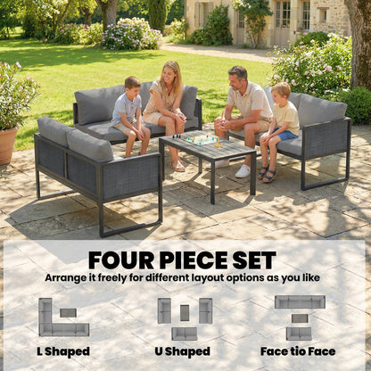 Outsunny 6 Seater Metal Garden Furniture Corner Sofa Set with 3 Loveseats, Faux Wood Table, Texteline Seat, Cushions, Dark Grey