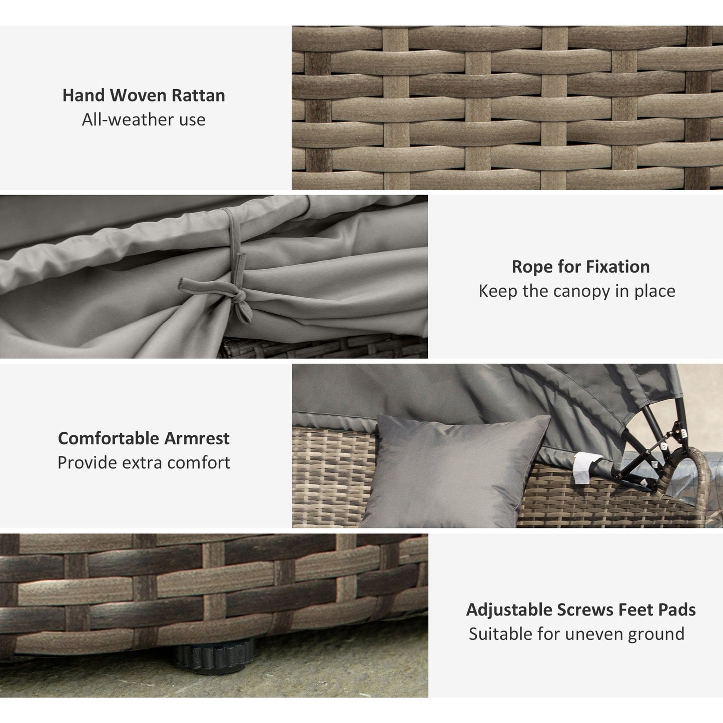 Outsunny Outdoor PE Rattan Garden Furniture with Cushioned, Patio Wicker Conversation Furniture Set, Round Daybed with Retractable Canopy, Coffee Table and Three Pillows, Dark Grey/Grey