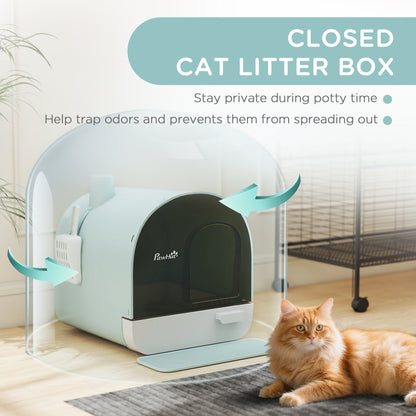 PawHut Hooded Cat Litter Box, Kitten Litter Tray, with Lid, Scoop, Filter, Flap Door