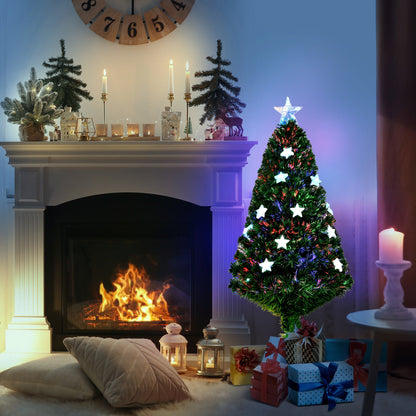 HOMCOM 4FT Prelit Artificial Christmas Tree Fibre Optic Star LED Light Holiday Home Xmas Decoration with LED Light for Indoor Party, Green
