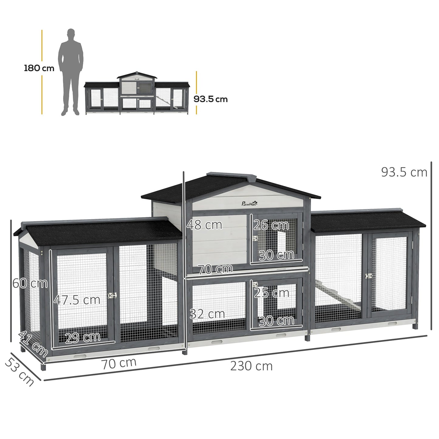 PawHut 2-Tier Large Rabbit Hutch Outdoor with Double Side Run Boxes, No-leak Plastic Tray, Ramp, 230 x 53 x 93.5cm, Light Grey