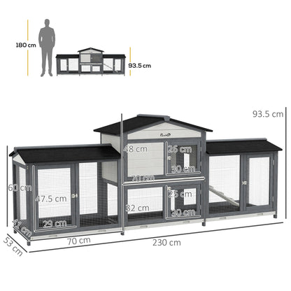 PawHut 2-Tier Large Rabbit Hutch Outdoor with Double Side Run Boxes, No-leak Plastic Tray, Ramp, 230 x 53 x 93.5cm, Light Grey