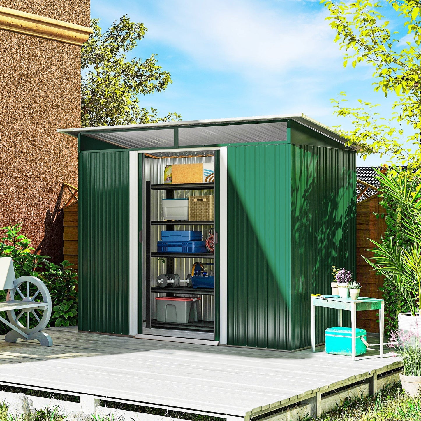 Outsunny 8.5 x 4ft Metal Shed with Lightsky Panels, Garden Storage Tool House with Double Doors for Garden, Patio and Lawn, Green