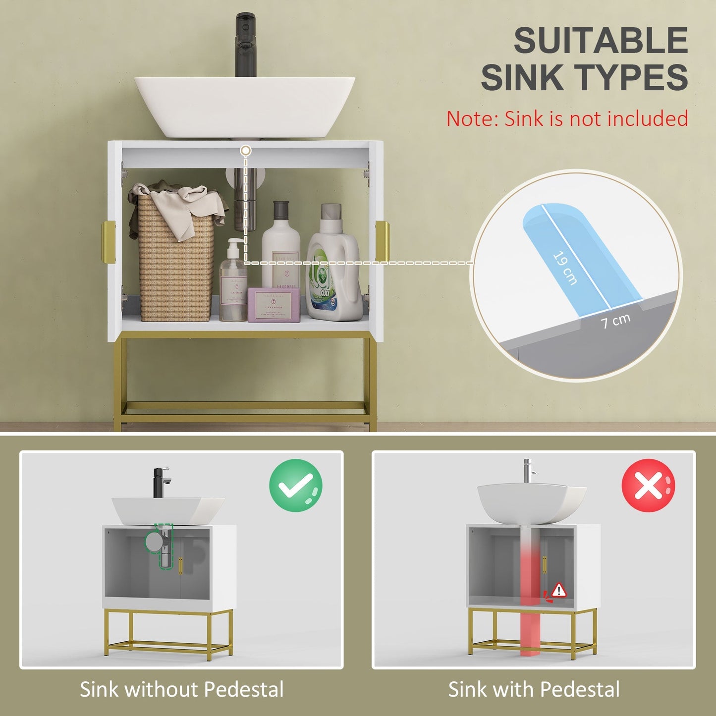 kleankin Bathroom Mirror Cabinet Under Sink Storage Cabinet Basin Cupboard with 2 Doors and Gold Steel Legs