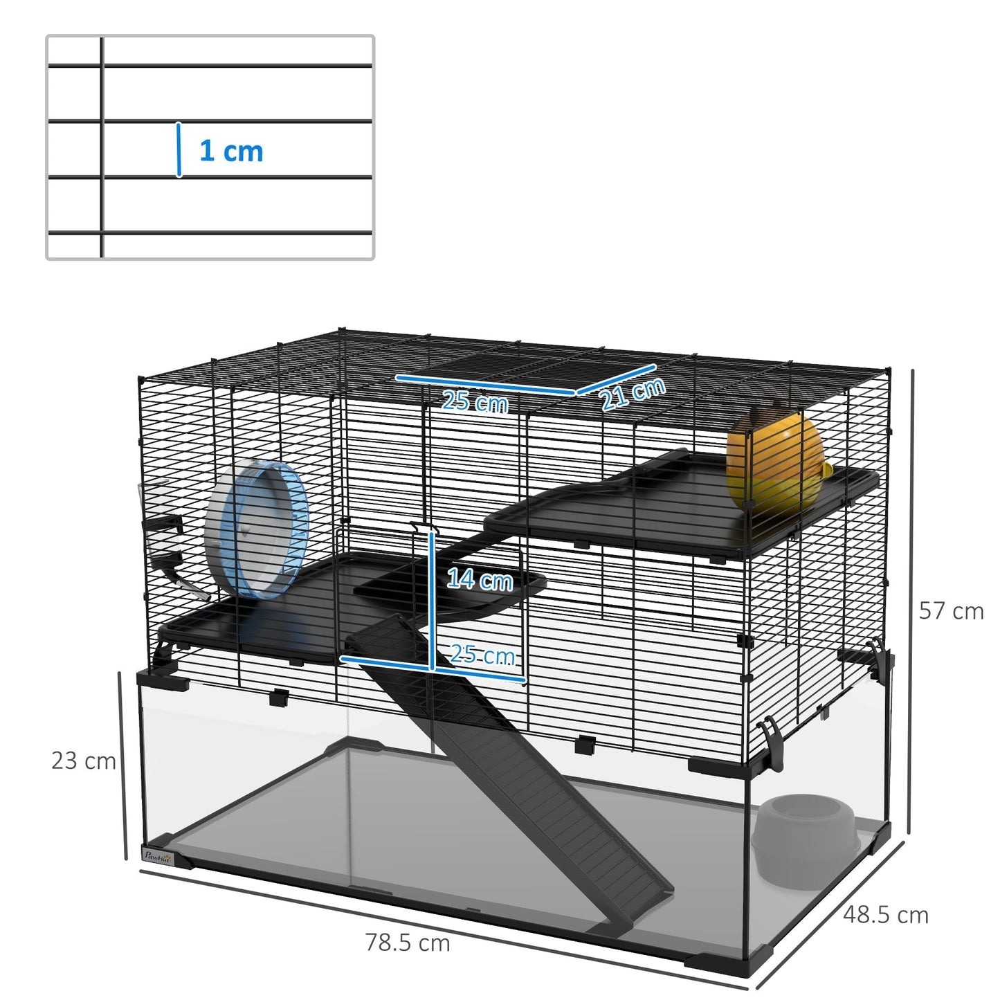 PawHut 3 Tiers Hamster Cage, Gerbil Cage with Deep Glass Bottom, Non-Slip Ramps, Platforms, Hut, Exercise Wheels, Water Bottle, Dish, for Syrian Hamster, Dwarf Hamster, 78.5 x 48.5 x 54.5cm