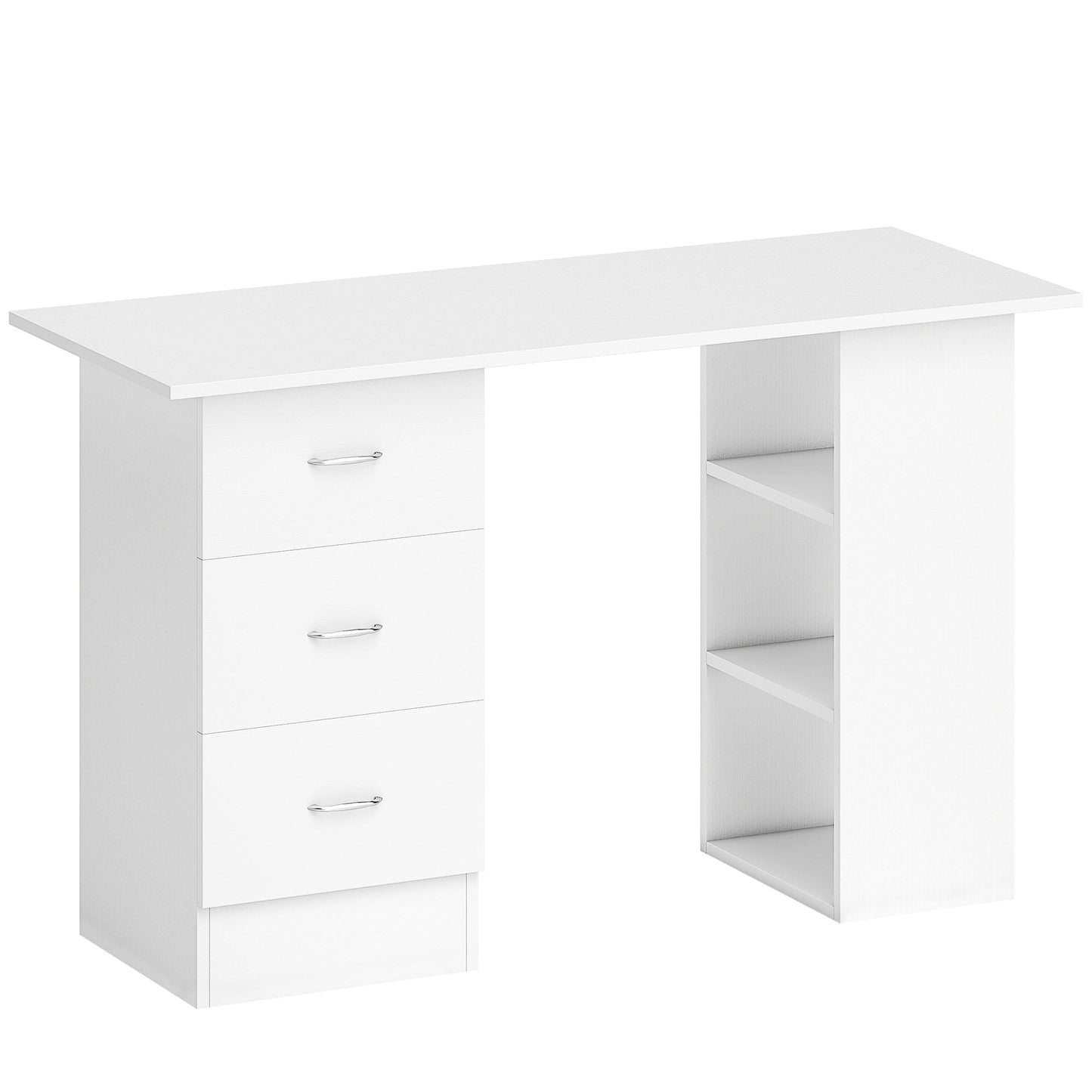HOMCOM Computer Desk, Writing Table, PC Workstation with 3 Storage Shelves and Drawers, Silver Handle, for Home Office, White