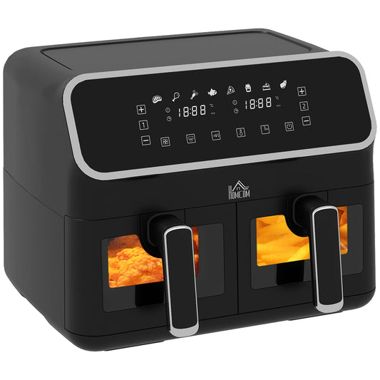 HOMCOM 8L Dual Basket Air Fryer, 80-200â Air Fryer Oven with 2 Baskets and Sync Function - Black/Silver