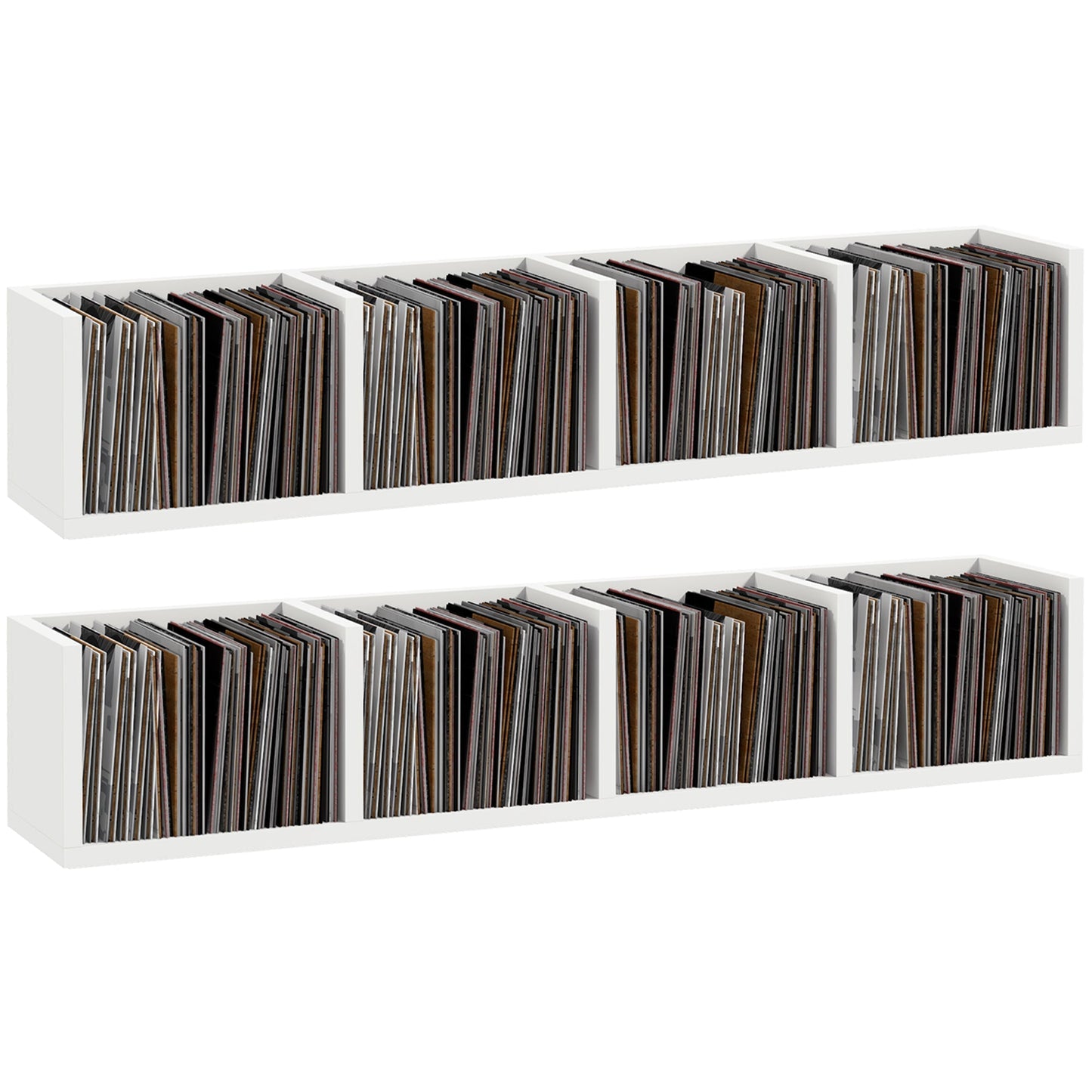 HOMCOM Wall Mount 84 CD / 56 DVD/Blu-ray/ Media Storage Rack 4 Cubes, Wooden Shelf Organiser Unit Bookcase Display, Set of 2, White