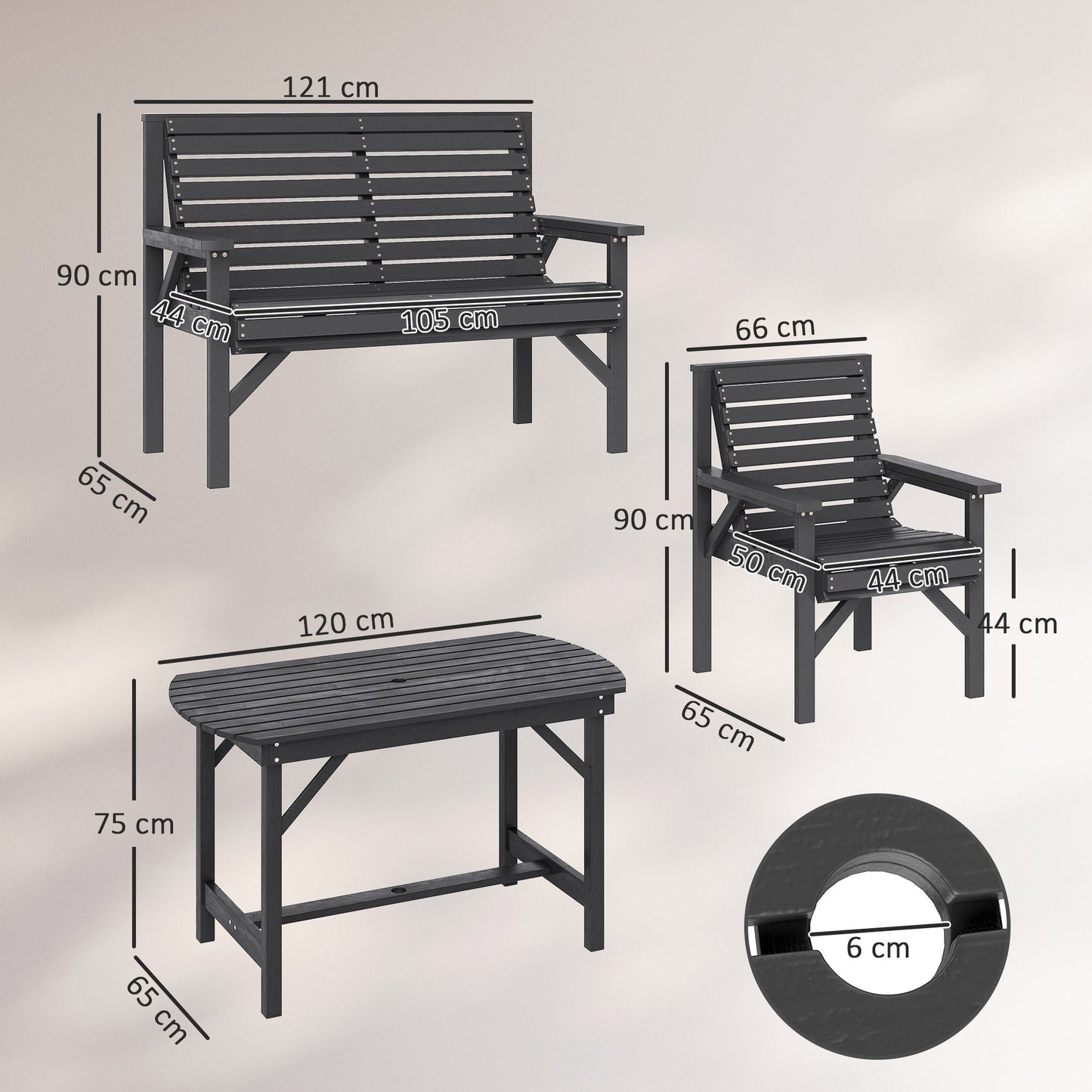Outsunny 5 Piece Wooden Garden Dining Set for 6, Outdoor Conversation Set with 2 Armchairs, 2 Loveseats and Dining Table with Umbrella Hole for Patio, Balcony, Grey