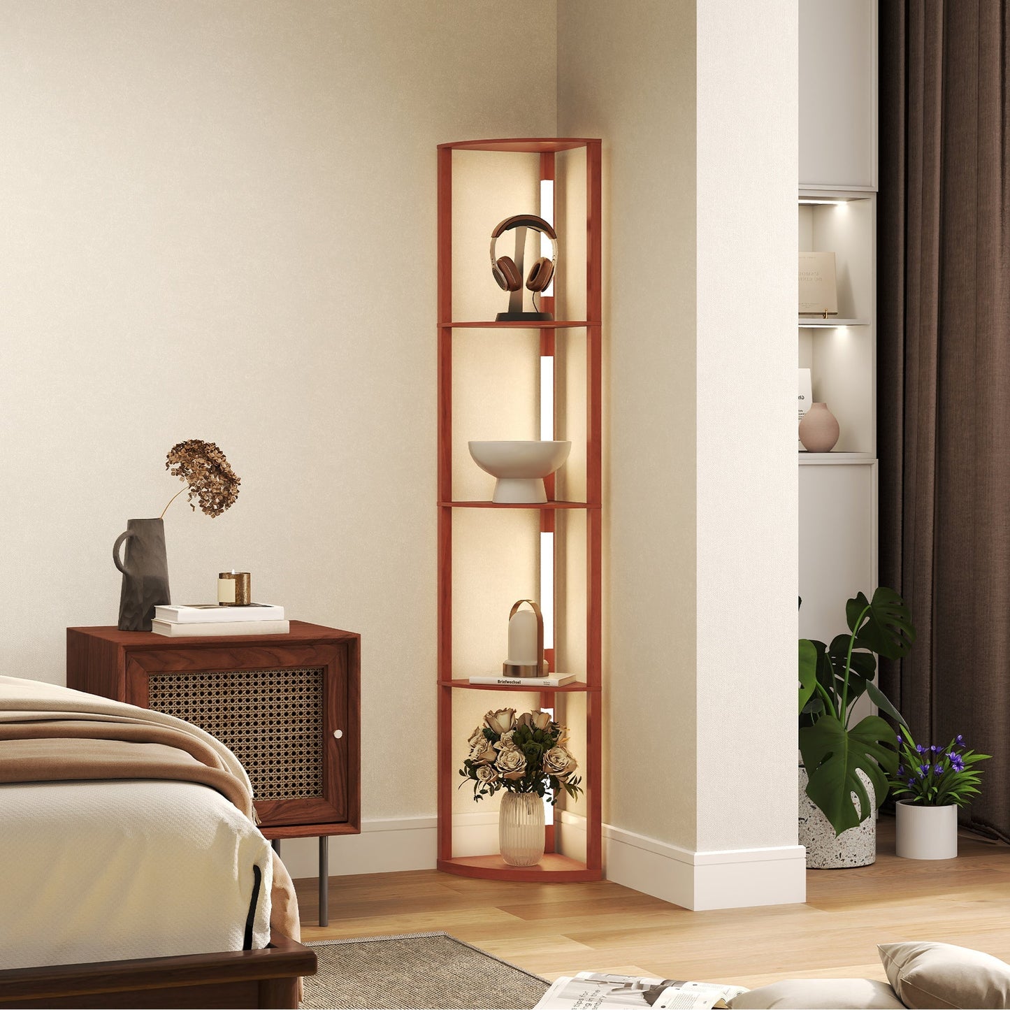 HOMCOM Corner Floor Lamp for Living Room Bedroom with Dimmable Warm White LED Light, Modern Tall Standing Lamp, Brown