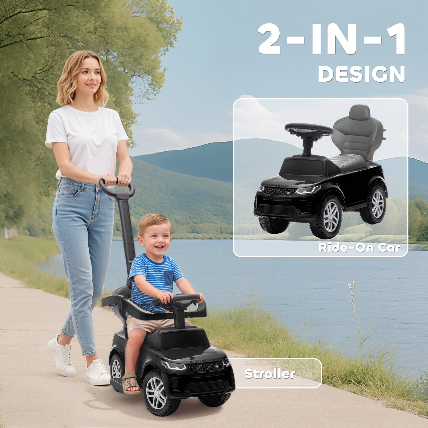 AIYAPLAY Land Rover Discovery Licensed Baby Push Car, 2-in-1 Ride on Car with Push Handle and Safety Guardrail, Black