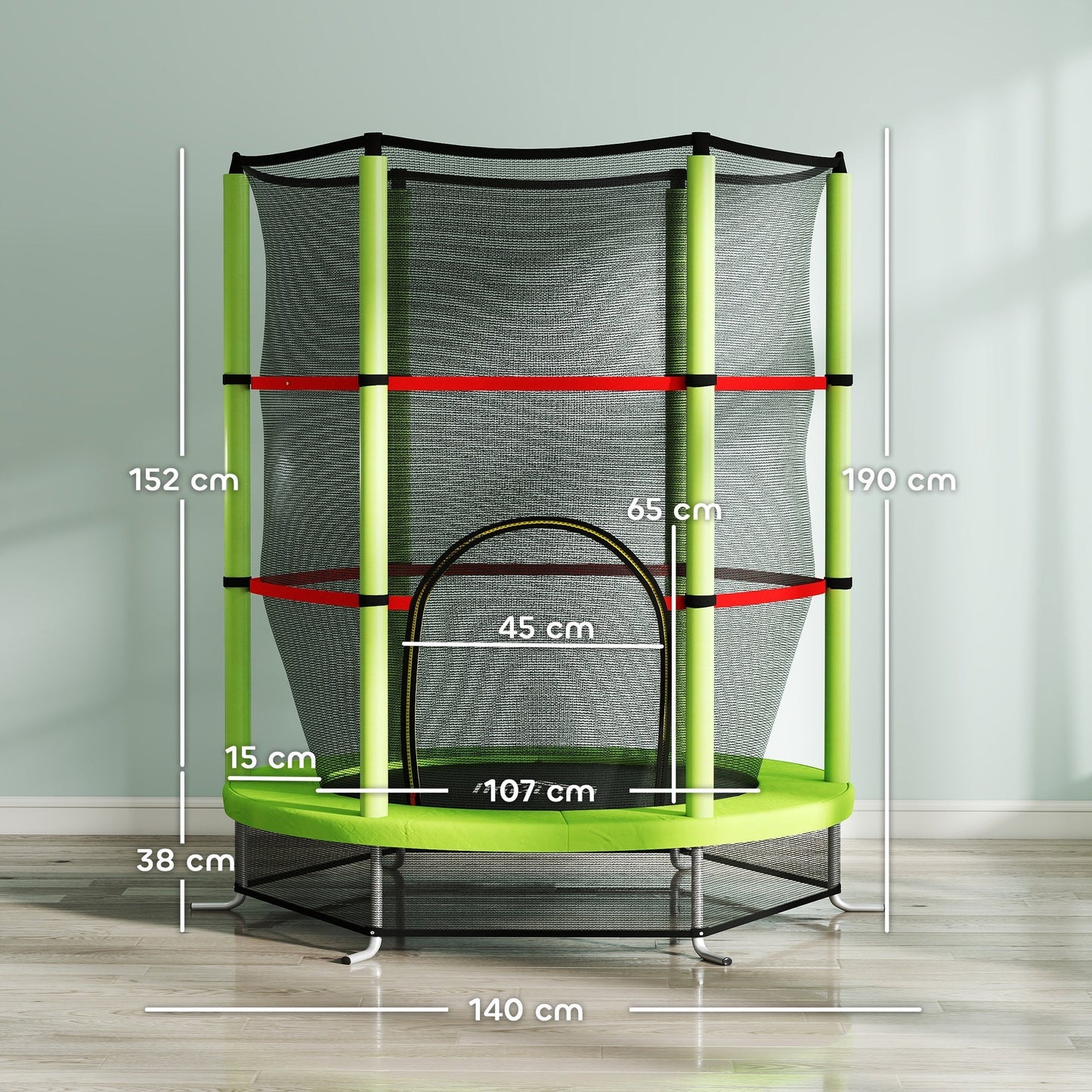 HOMCOM Kids Trampoline, with Enclosure Net, Steel Frame, for Ages 3-6 Years - Green