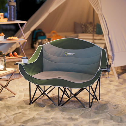 Outsunny Double Camping Chair for Adults with Armrests, Heavy Duty Oversized Padded Folding Chair with Carry Bag, Cup Holders for Outdoor Hiking Picnic Camping Fishing, 250kg Capacity, Green