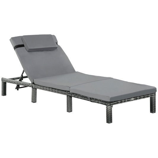 Outsunny Rattan Sun Lounger, 5-Level Adjustable Garden Lounger Recliner with Cushion and Headrest, Outdoor Reclining Sunbed, Steel Frame Garden Chair for Patio, Beach, Terrace, Dark Grey