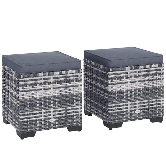 Outsunny Set of 2 Rattan Storage Ottoman, Outdoor Footstool with Removable Cushions, Garden Storage Seat for Balcony, Porch, Living Room, Dark Grey
