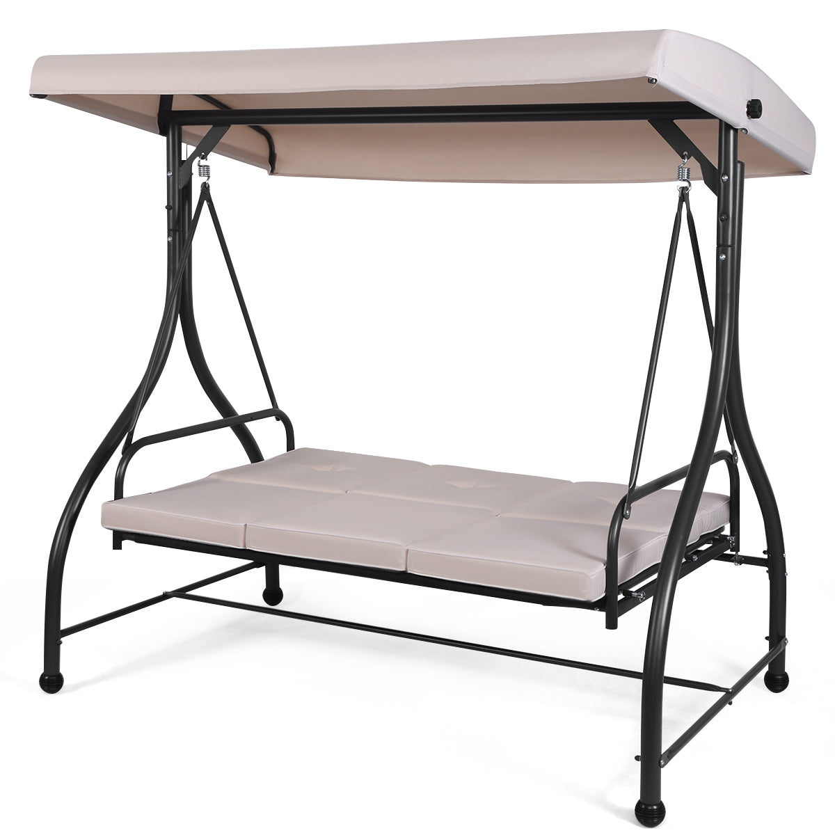 3 Seater Garden Swing Chair with Adjustable Canopy and Cushions-Beige