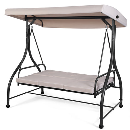 3 Seater Garden Swing Chair with Adjustable Canopy and Cushions-Beige