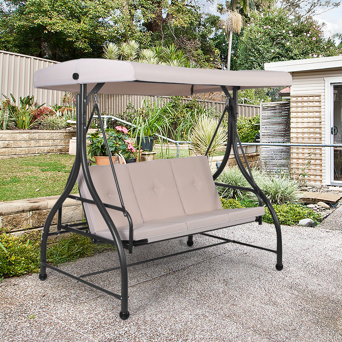 3 Seater Garden Swing Chair with Adjustable Canopy and Cushions-Beige