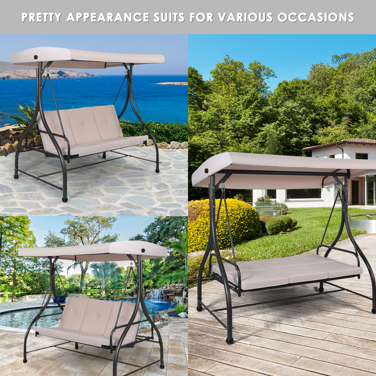 3 Seater Garden Swing Chair with Adjustable Canopy and Cushions-Beige