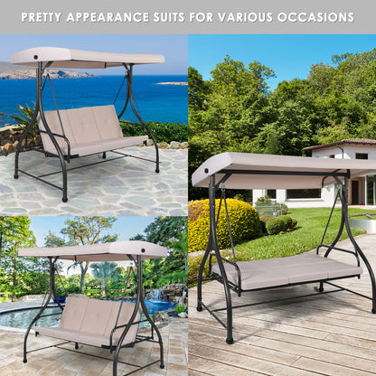 3 Seater Garden Swing Chair with Adjustable Canopy and Cushions-Beige