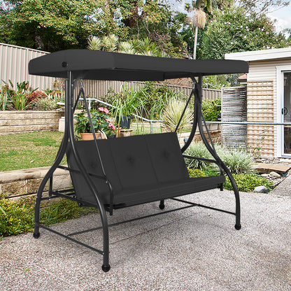 3 Seater Garden Swing Chair with Adjustable Canopy and Cushions-Black
