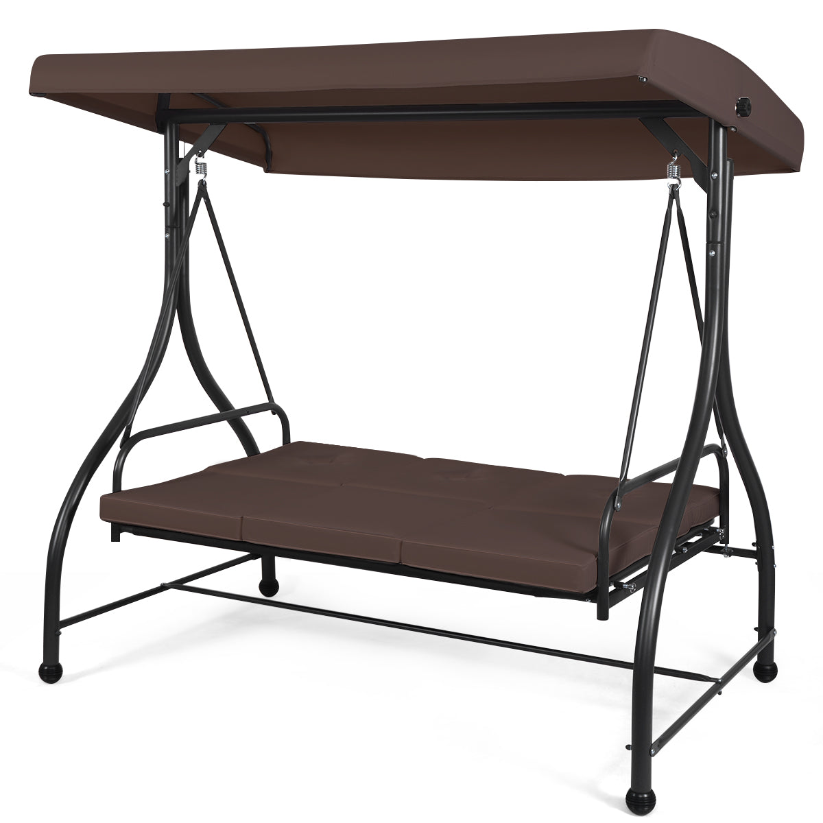3 Seater Garden Swing Chair with Adjustable Canopy and Cushions-Brown