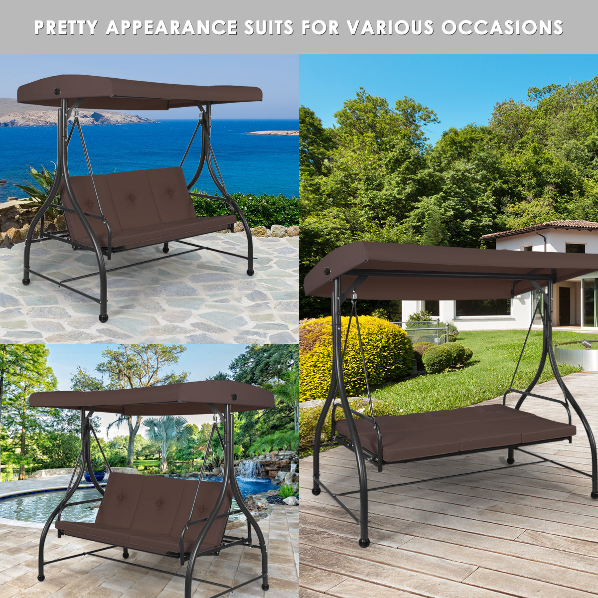 3 Seater Garden Swing Chair with Adjustable Canopy and Cushions-Brown