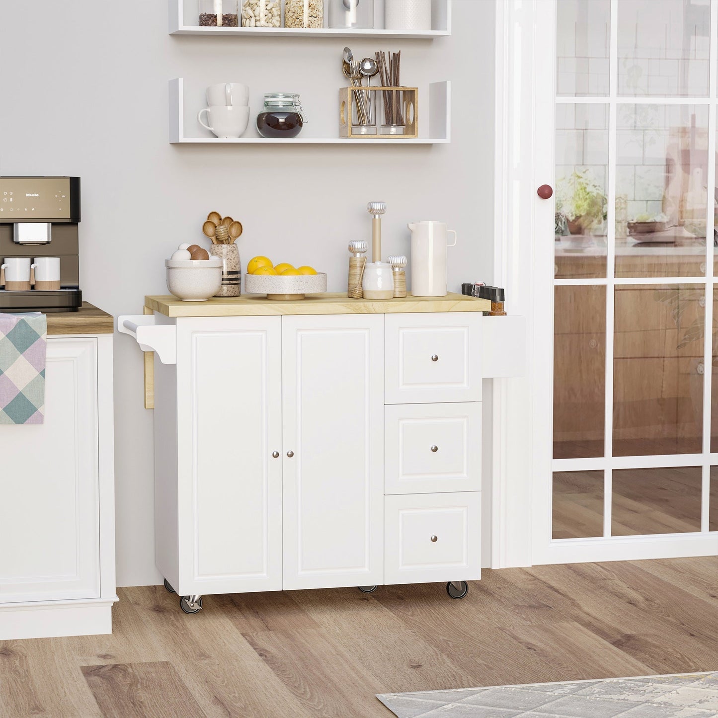 HOMCOM Drop-Leaf Kitchen Island on Wheels with Extendable Rubber Wood Worktop, Rolling Kitchen Storage Trolley, Utility Storage Cart with Drawers & Cabinet for Kitchen, Dining & Living Room, White