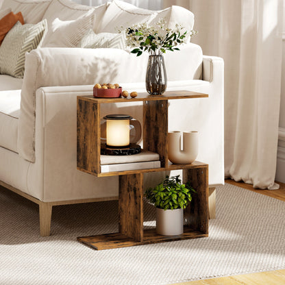HOMCOM Side Table, Narrow End Table with Storage Shelves, S-Shaped, 3-Tier, 50W x 19.5D x 58H cm, Rustic Brown