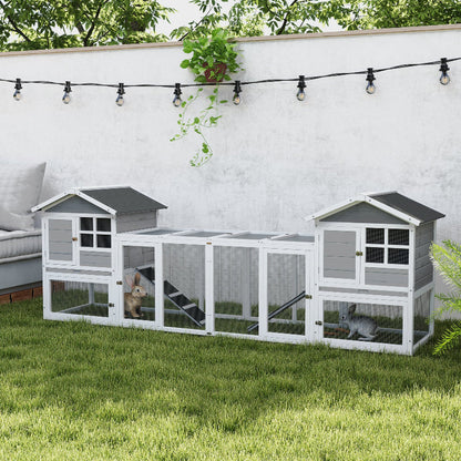 PawHut 2 in 1 Rabbit Hutch Outdoor Guinea Pig Hutch Bunny Run Double Main House with Run, No-Leak Tray 259 x 64 x 92cm, Grey