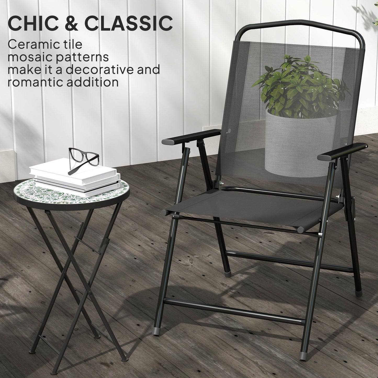 Outsunny Mosaic Outdoor Garden Table, 35.5cm Round Folding Coffee Table with Metal Frame for Balcony Terrace, Green