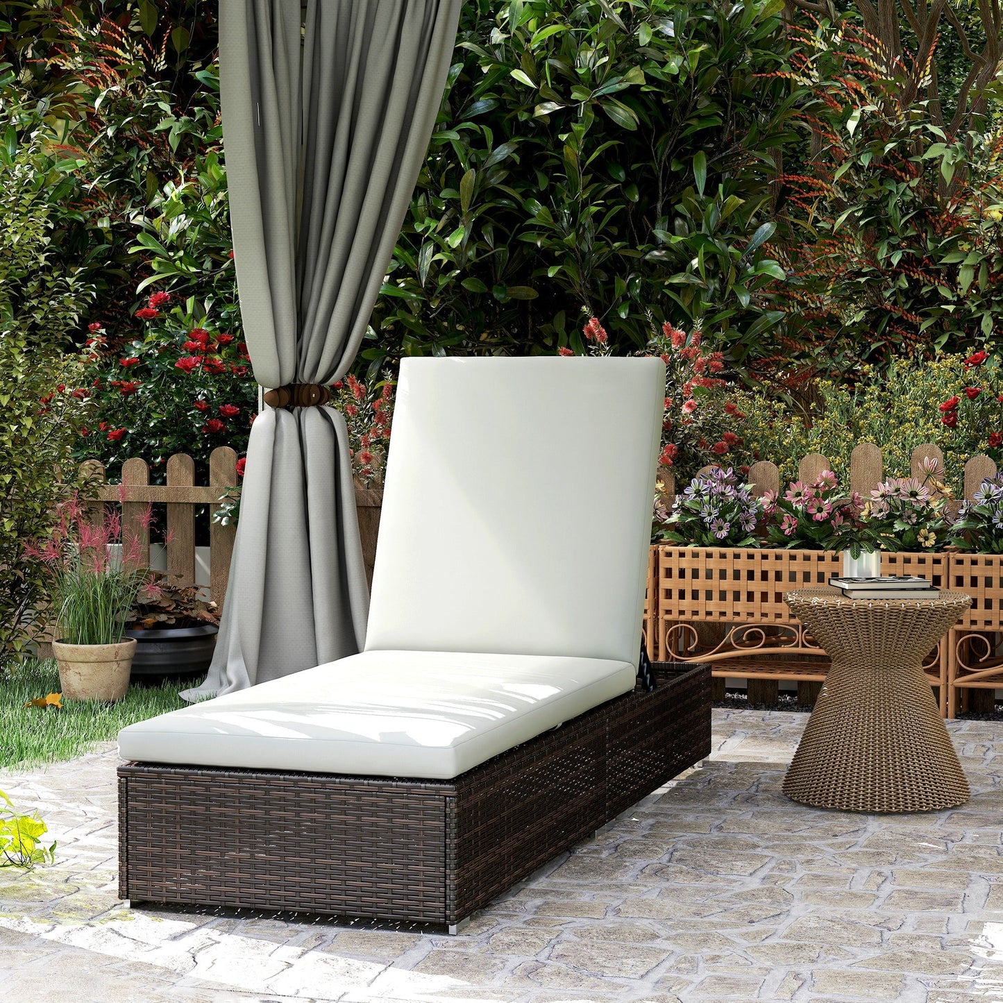Outsunny PE Rattan Sun Lounger, Five-level Adjustable Recliner Bed Chair with Soft Padded Cushion for Patio, Garden, Mixed Brown