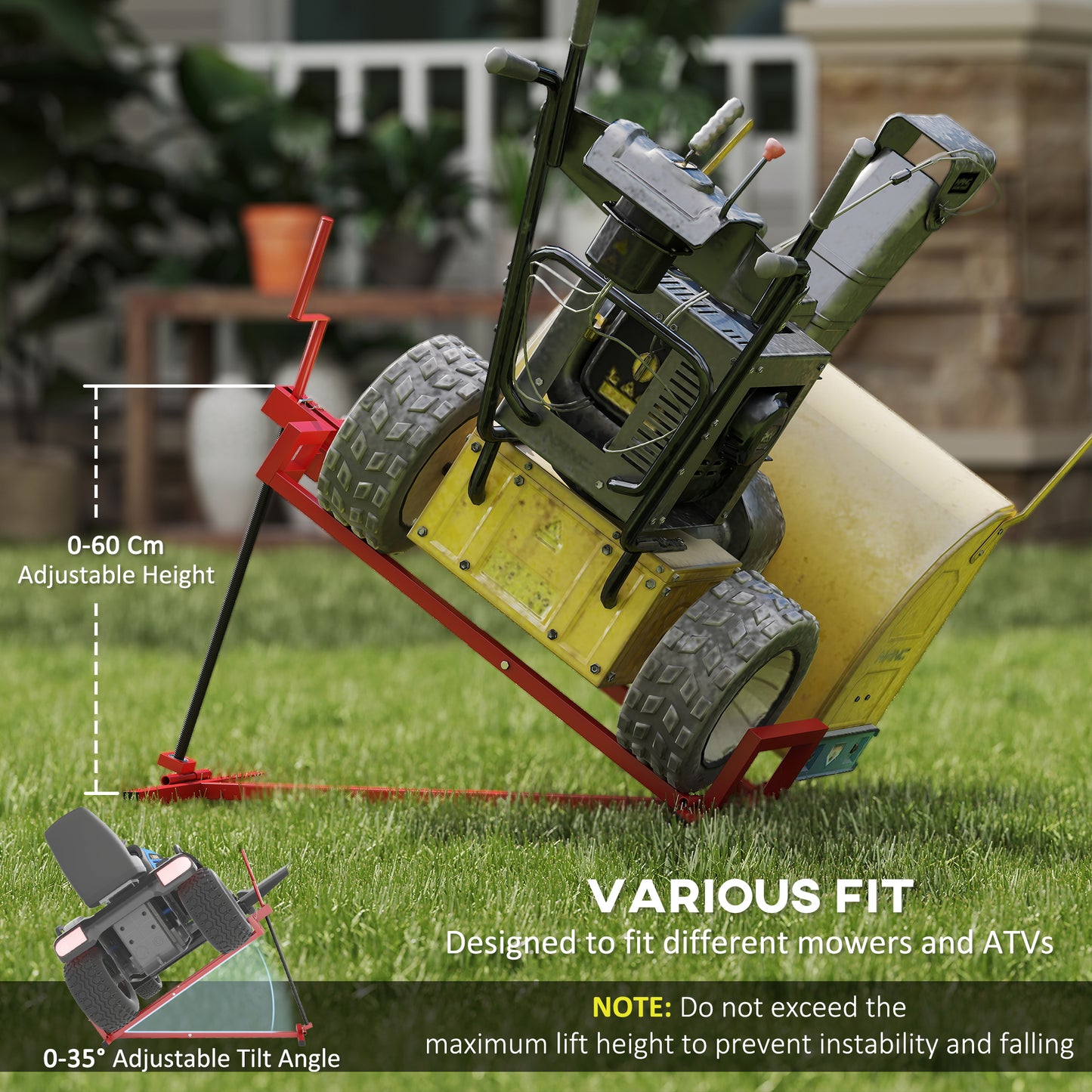 HOMCOM 400 kg Foldable Ride-On Mower Jack Lift, Adjustable Steel Lifting Device, for Lawn Mower, ATV, Red