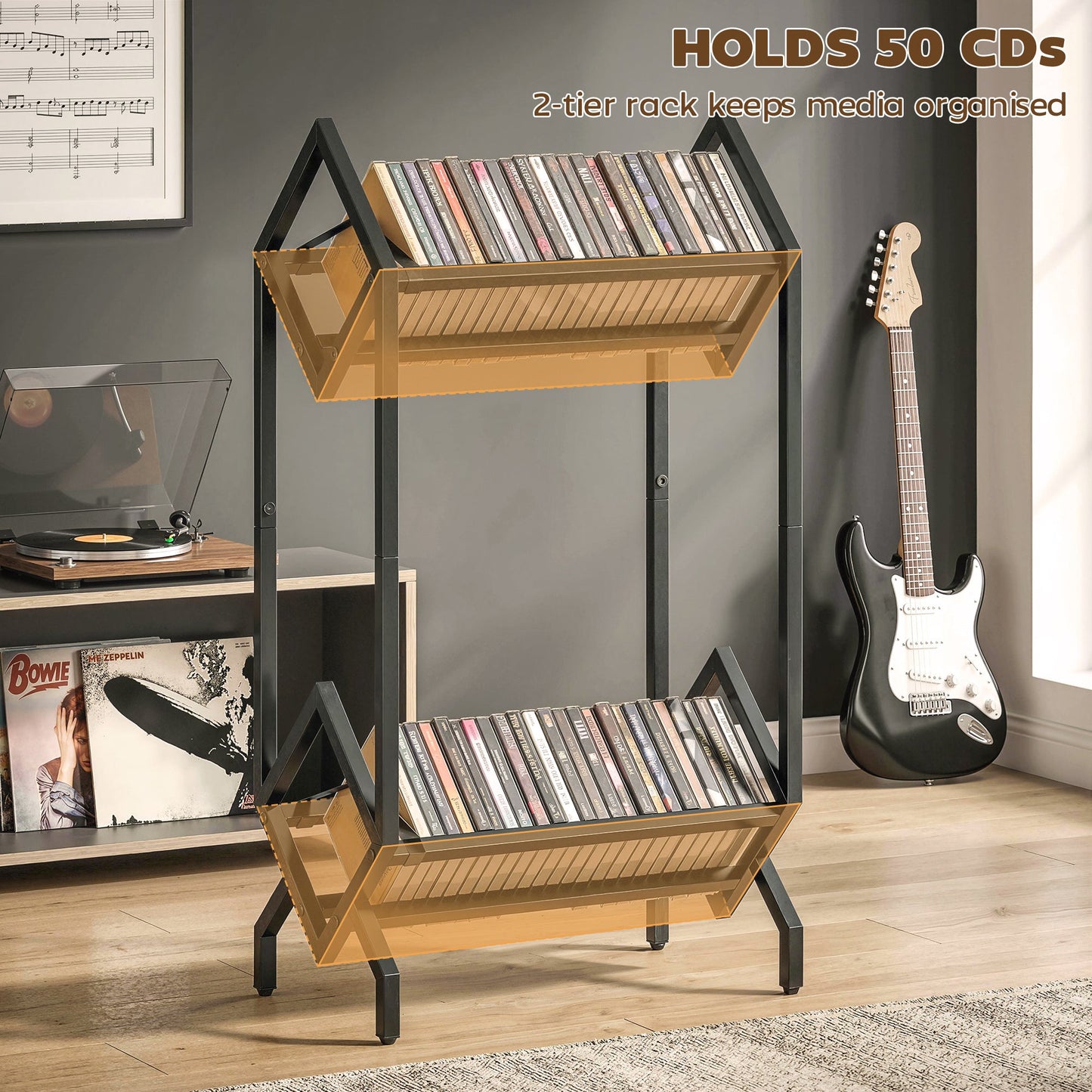 HOMCOM 50 CD Storage Rack, 2-Tier Metal CD Storage Unit, Free Standing, Easy to Assemble, Black